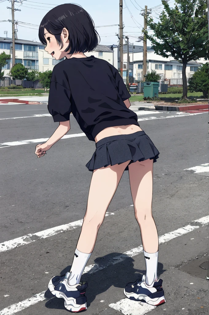 best quality, masterpiece, detailed,2d,flat color, 1girl,,petit,,outdoor,shoes,short miniskirt,,socks,ass,from back