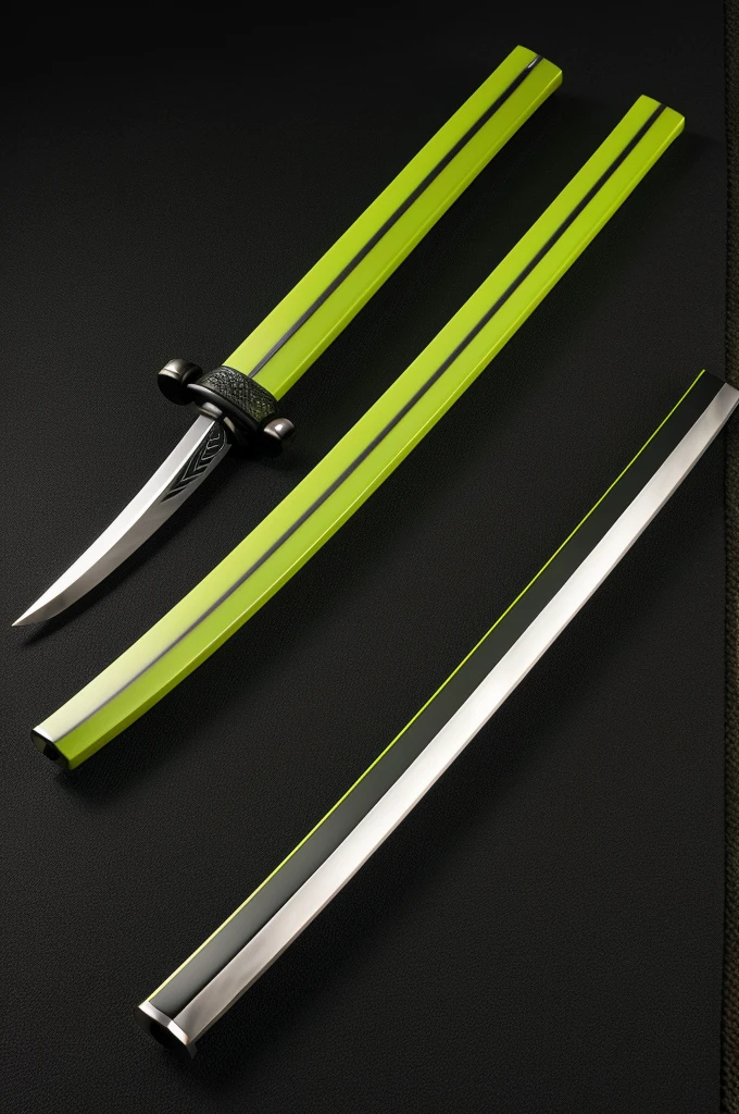samurai katana, with bright green edge and blue handle 