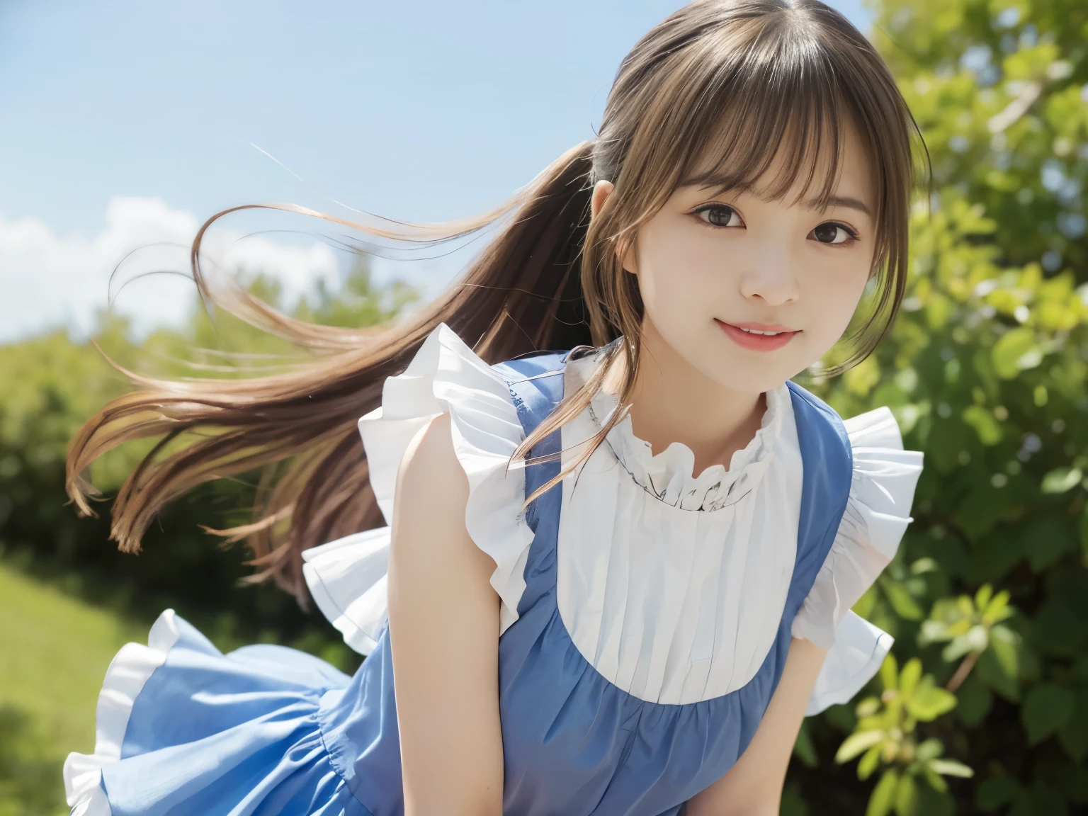 adorable, japanese girl, (Frilled summer dress fluttering in the wind :1.4), curly hair, hair scrunchie, twin tails, (Suggestive:1.2), (smile:0.8), (highly detailed eyes:1), (highest quality:1.0), (Super high resolution:1.0) ,(photo-realistic:1), (super detailed:1.0), (8K RAW photo:1.1),looking at the viewer, , ( wind lift:1), leaning forward