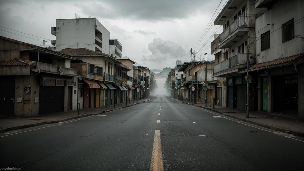 Generate a hyper-realistic image of an empty Brazilian city with a dark, eerie atmosphere during the daytime. The streets are deserted, with no people or vehicles in sight. The architecture reflects typical Brazilian urban design, with a mix of modern buildings and older, colonial-style structures. The sky is overcast with dark, heavy clouds, casting an ominous shadow over the city. Long, eerie shadows stretch across the empty streets, and a thick fog rolls in, enhancing the unsettling, somber ambiance."