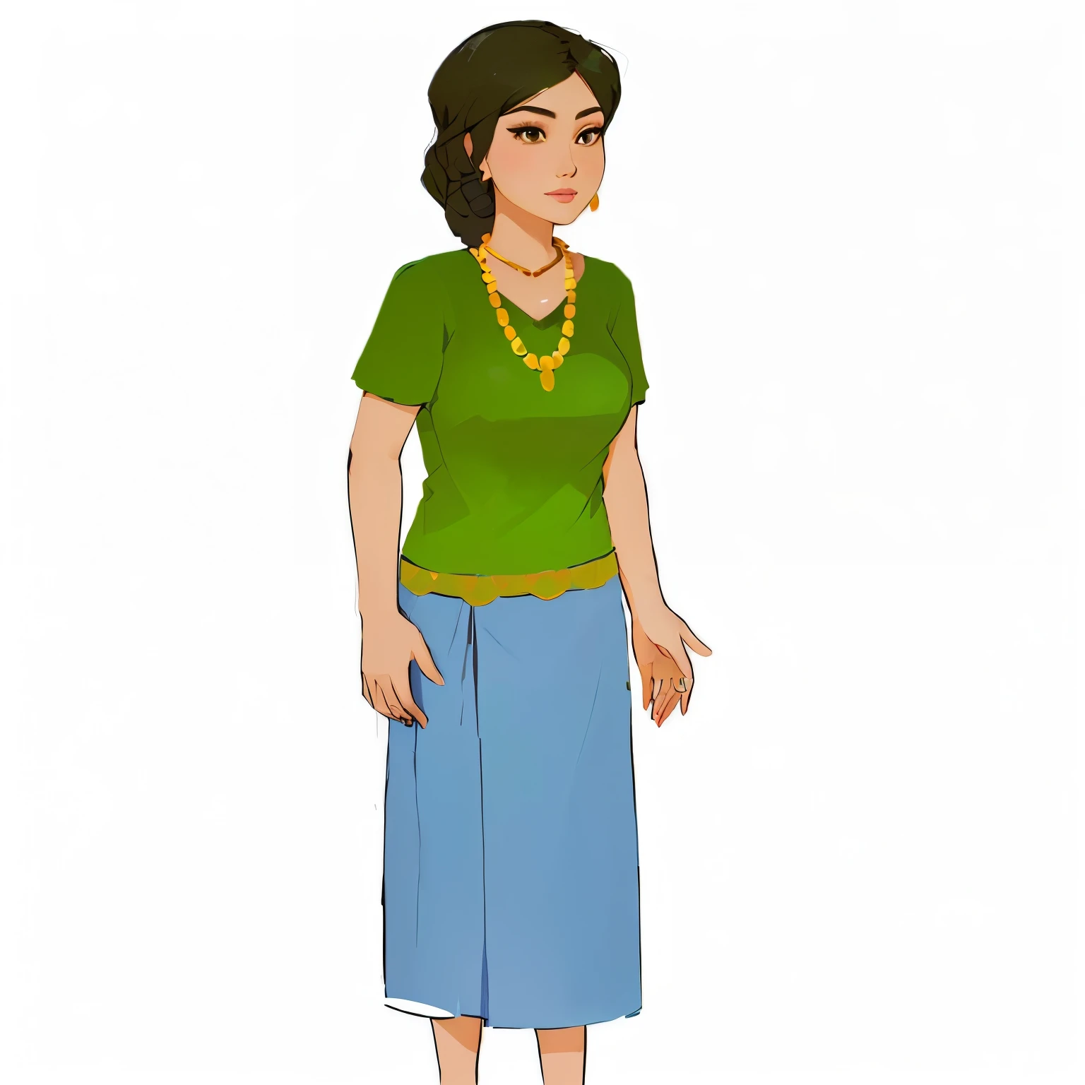 cartoon woman in green shirt and blue skirt with necklace, dressed with long fluent clothes, dressed with fluent clothes, south east asian with round face, hd illustration, portrait of modern darna, wearing a sari, cartoon image, simple illustration, clipart, dressed in long fluent skirt, full body cute young lady, woman model, an asian woman, distant full body view