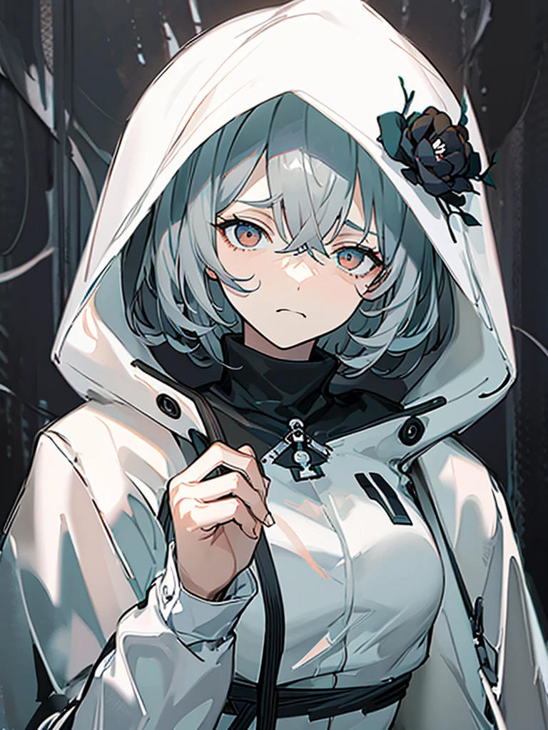 Masterpiece,Best quality,(A gloomy painting style:1.6),Solo,Boy,White hair,Short hair,(White shirt:1.4),((Face)) shirt,Shorts,Coat,Hood,Sneakers,Black coat,No breasts,Long sleeves,bangs,Fingerless gloves,Short hair,hair between eye,((gloomy expression)),(Pure black background:1.4),1 girl,monochrome,upper_body,gloom,hood,flower,hands up,holding flower,