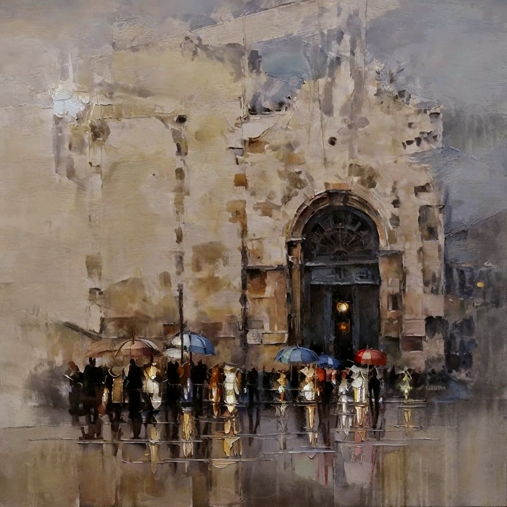 walking with an umbrella, work of art, realisitic, oil painting