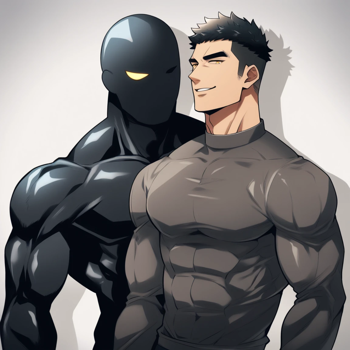 anime characters：Two superheroes in tights, Muscular gym student and a pure black muscle slime man, No Face, He is wrapped in black Slime., negro black skin, They hugged and kissed each other, Bite your neck, Caress, Manliness, male focus, Yellow and black high collar long sleeve tight T-shirt, Slightly transparent material, Very tight, Round, full and perky chest muscles, Muscle waist, Slightly transparent, muscular male, muscular, only, Upper body, alone, Black short hair, Thick eyebrows, stubble, Yellow eyes, Grey background, simple background, amazing quality, best aesthetics, Ridiculous, bright pupils, crew cut, parted lips, seductive smile, torogao, naughty face, drop shadow, best quality