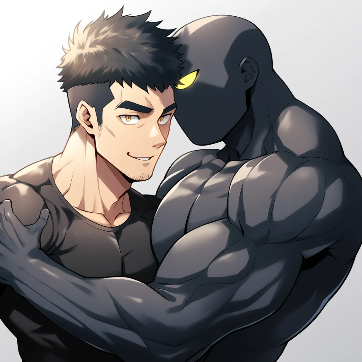 anime characters：Two superheroes in tights, Muscular gym student and a pure black muscle slime man, No Face, He is wrapped in black Slime., negro black skin, They hugged and kissed each other, Bite your neck, Caress, Manliness, male focus, Yellow and black high collar long sleeve tight T-shirt, Slightly transparent material, Very tight, Round, full and perky chest muscles, Muscle waist, Slightly transparent, muscular male, muscular, only, Upper body, alone, Black short hair, Thick eyebrows, stubble, Yellow eyes, Grey background, simple background, amazing quality, best aesthetics, Ridiculous, bright pupils, crew cut, parted lips, seductive smile, torogao, naughty face, drop shadow, best quality