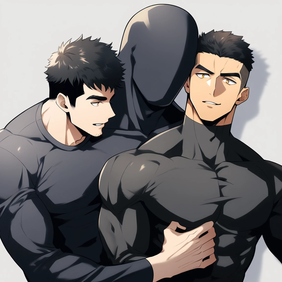 anime characters：Two superheroes in tights, Muscular gym student and a pure black muscle slime man, No Face, He is wrapped in black Slime., negro black skin, They hugged and kissed each other, Bite your neck, Caress, Manliness, male focus, Yellow and black high collar long sleeve tight T-shirt, Slightly transparent material, Very tight, Round, full and perky chest muscles, Muscle waist, Slightly transparent, muscular male, muscular, only, Upper body, alone, Black short hair, Thick eyebrows, stubble, Yellow eyes, Grey background, simple background, amazing quality, best aesthetics, Ridiculous, bright pupils, crew cut, parted lips, seductive smile, torogao, naughty face, drop shadow, best quality