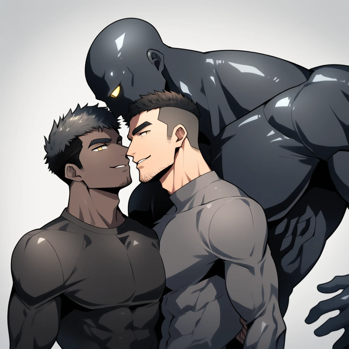 anime characters：Two superheroes in tights, Muscular gym student and a pure black muscle slime man, No Face, He is wrapped in black Slime., negro black skin, They hugged and kissed each other, Bite your neck, Caress, Manliness, male focus, Yellow and black high collar long sleeve tight T-shirt, Slightly transparent material, Very tight, Round, full and perky chest muscles, Muscle waist, Slightly transparent, muscular male, muscular, only, Upper body, alone, Black short hair, Thick eyebrows, stubble, Yellow eyes, Grey background, simple background, amazing quality, best aesthetics, Ridiculous, bright pupils, crew cut, parted lips, seductive smile, torogao, naughty face, drop shadow, best quality