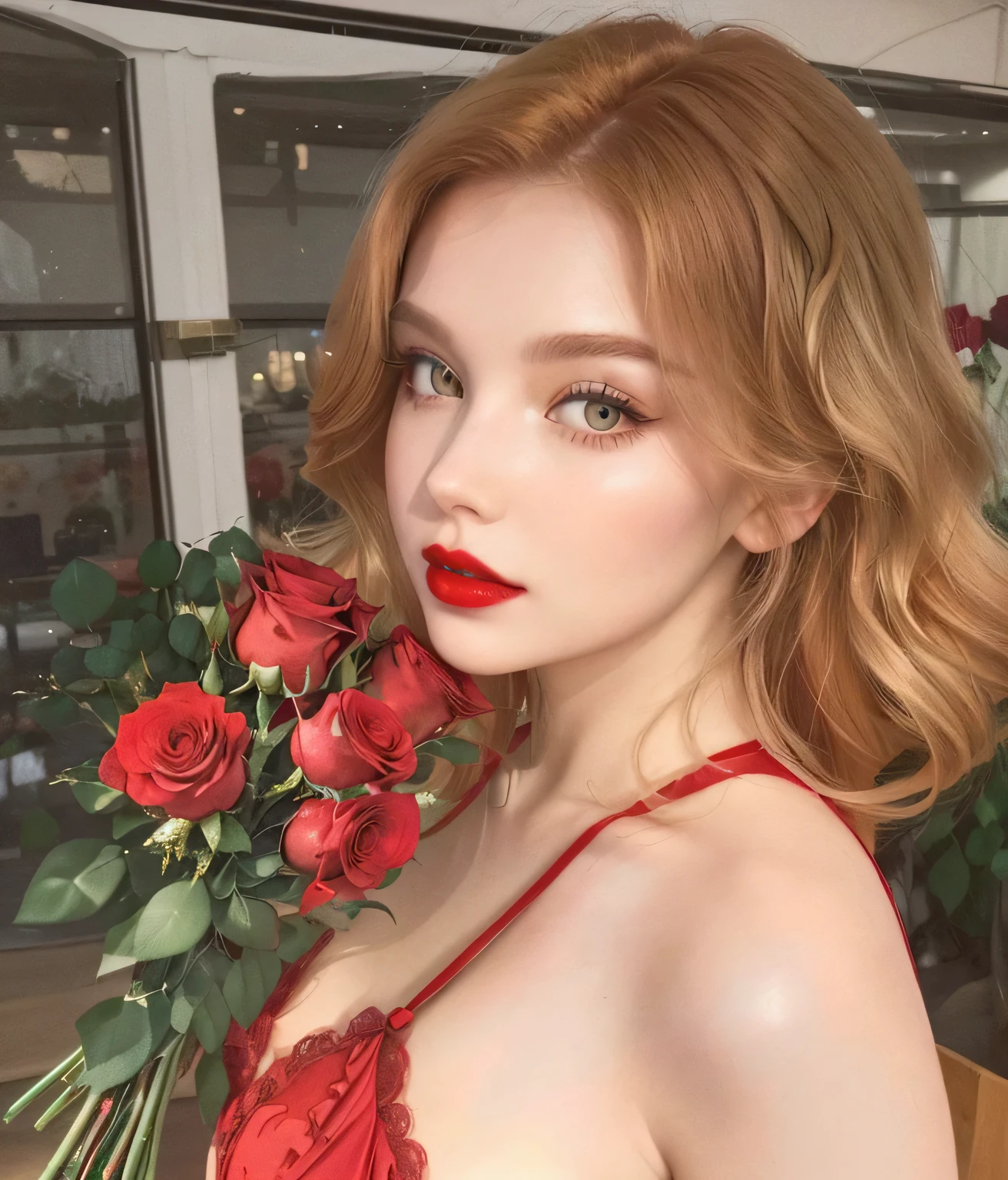 There is a woman in a red dress holding a bouquet of roses, Sidney Sweeney, heavenly red flower atmosphere, profile picture, with flowers, 👁🌹👾, red rose in blonde hair, Red lips, have this property, small and thick Red lips, Dasha Taran, Red roses, Style of Julia Razumova, art album,  blond hair 