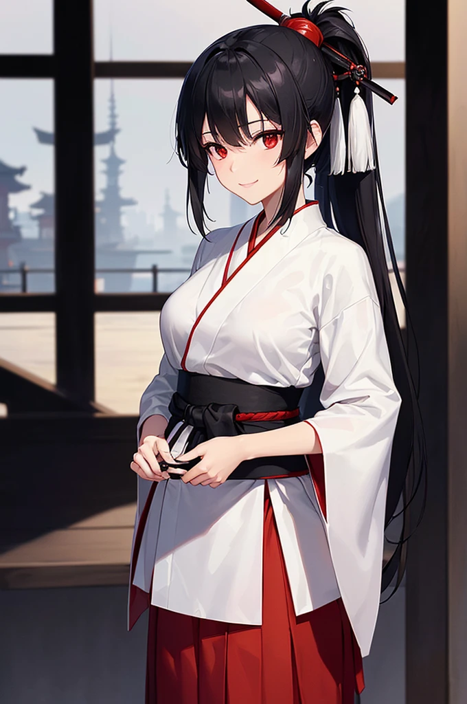 (masterpiece; best quality: 1.2), (finely detailed eyes: 1.3), ((25 year old woman)), ((solo)), (red eyes: 1.4), (body; lithe, slender, femenine: 1.3), (black hair in ponytail: 1.3), (beautiful and clear background: 1.2), ((depth of field)), (clothes: ronin attire + black-and-white hakama + red sash: 1.3), (anime illustration: 1.2), (background; old japanese castle exterior + night time: 1.1), (extremely fine and beautiful: 1.1), (shot composition; standing + centered on torso + close-up: 1.5), (expression; calm, smile: 1.2)