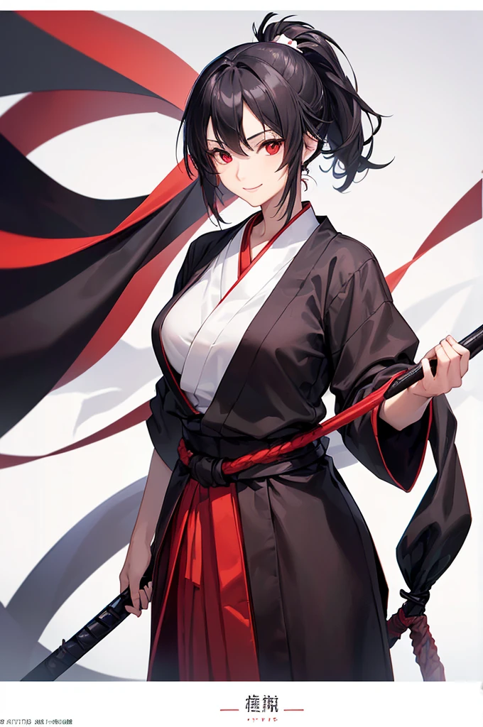 (masterpiece; best quality: 1.2), (finely detailed eyes: 1.3), ((25 year old woman)), ((solo)), (red eyes: 1.4), (body; lithe, slender, femenine: 1.3), (black hair in ponytail: 1.3), (beautiful and clear background: 1.2), ((depth of field)), (clothes: ronin attire + black-and-white hakama + red sash: 1.3), (anime illustration: 1.2), (background; old japanese castle exterior + night time: 1.1), (extremely fine and beautiful: 1.1), (shot composition; standing + centered on torso + close-up: 1.5), (expression; calm, smile: 1.2)