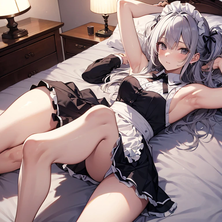 A maid, (in bedroom), various hair styles, night, details face, short skirt, seducing, sleeveless, maid uniform, armpits, laying on bed