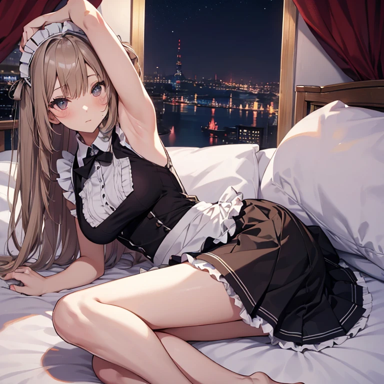 A maid, (in bedroom), various hair styles, night, details face, short skirt, seducing, sleeveless, maid uniform, armpits, laying on bed