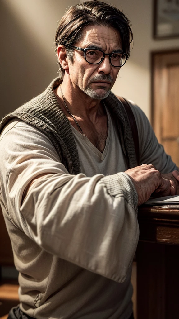 a senior man wearing glasses on his forehead, searching for the missing glasses on the floor, intricate details, highly detailed, cinematic lighting, photorealistic, 8k, realistic, warm color tones, dramatic lighting, depth of field, chiaroscuro, oil painting, impasto texture, dynamic composition, natural skin tones, fine details, masterpiece, beautiful, cinematic, dramatic, atmospheric, moody, emotional