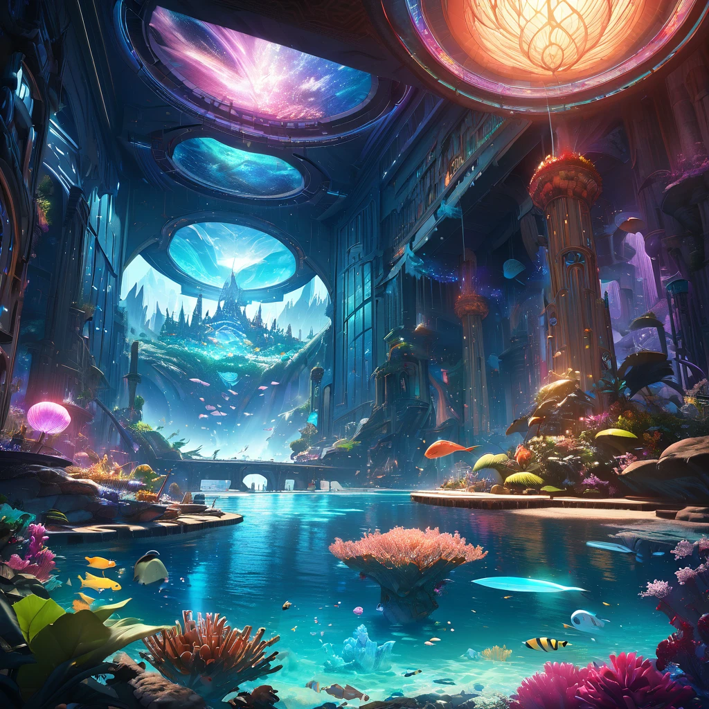 a painting of a beyond-dimensional fantasy world,a world of under the sea,Atlantis,science fiction,uplighting,studio Ghibli,unreal engine,epic composition,CG digital render,Ultra HD,technique highly detailed,triadic color scheme