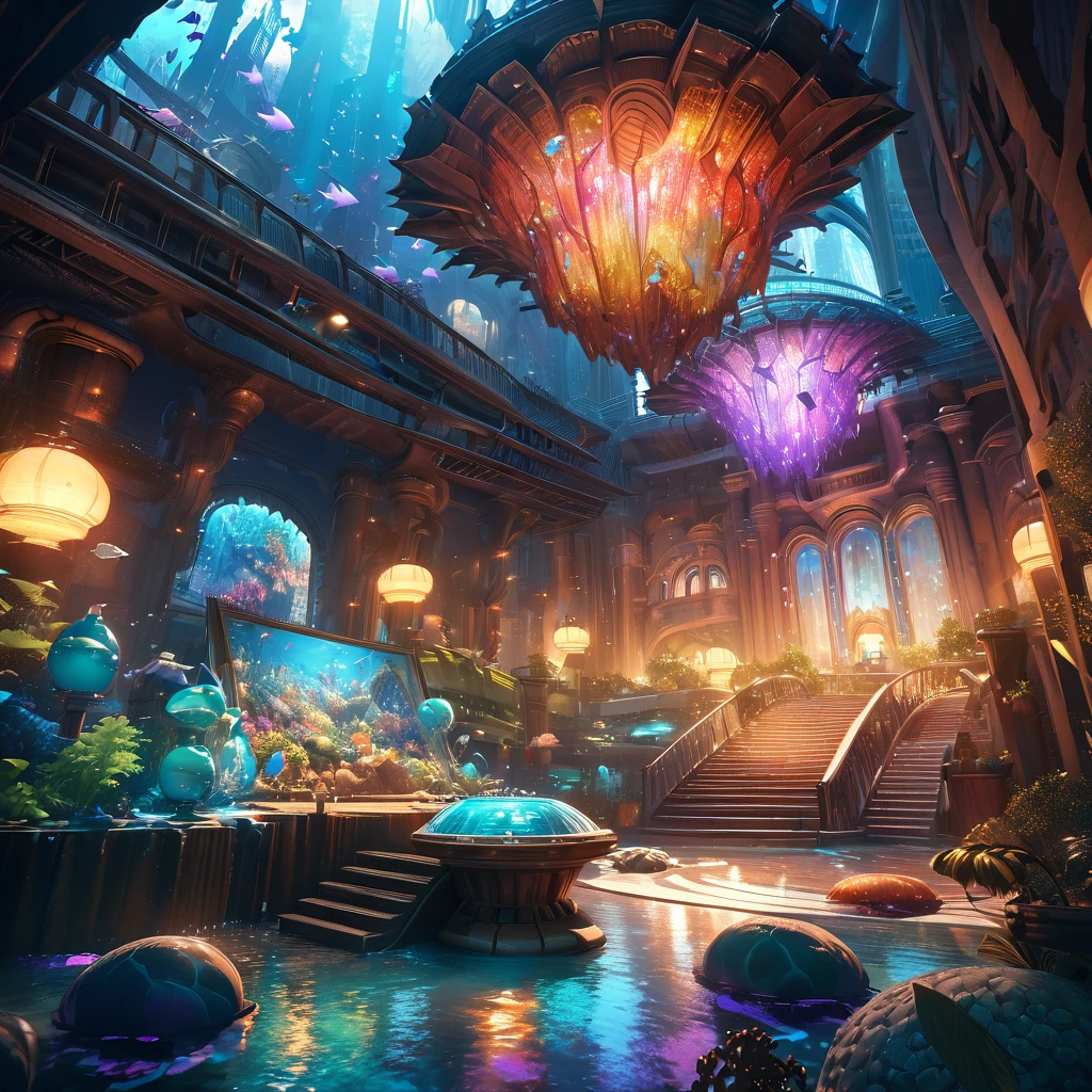 a painting of a beyond-dimensional fantasy world,a world of under the sea,Atlantis,science fiction,uplighting,studio Ghibli,unreal engine,epic composition,CG digital render,Ultra HD,technique highly detailed,triadic color scheme