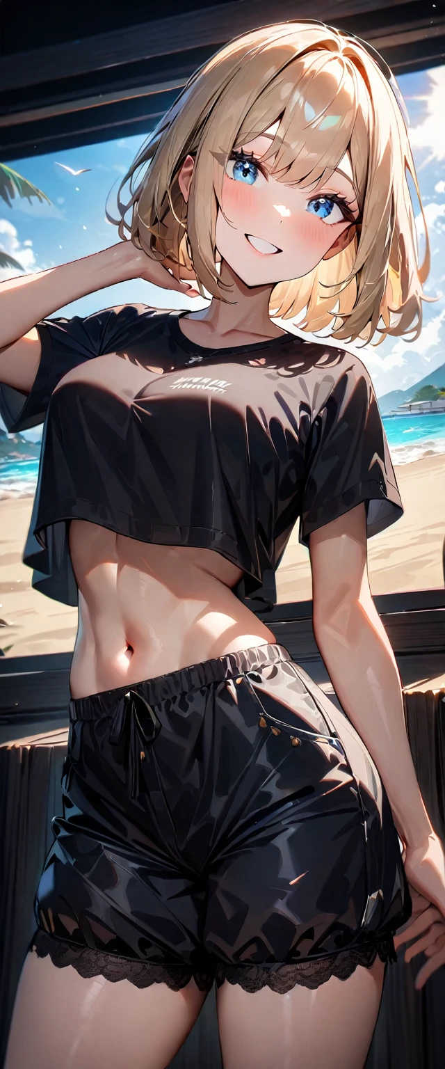 (((One girl))), beach, blond hair, bob cut, breasts, from front, (cowboy shot), glamor, (looking at viewer), ((black bloomers)), ((black crop top overhang)), short sleeves, Casual Stance, ((sun glasses)), arms up, midriff peek, ager, head tilt:1.3, (((blue eye))), ((happy smile)), anime style, (best quality, 4k, 8k, highres, masterpiece:1.2, ultra-detailed, ultra-detailed eyes, HDR, UHD, studio lighting, ultra-fine painting, sharp focus, physically-based rendering, extreme detail description, professional, vivid colors, bokeh), ((Highest quality, Best image quality, Ultra-high resolution, Ultra-high resolution, solo, Strong eye highlights)), Depth of written boundary, Natural soft light, attractive, Beautiful Face, Cleanliness, Pure Face, nedium chest, Beautiful Face, Perfect Fingers, Perfect hands, Perfect body, Perfect Face, Shine a light into your eyes, Perfect Anatomy
