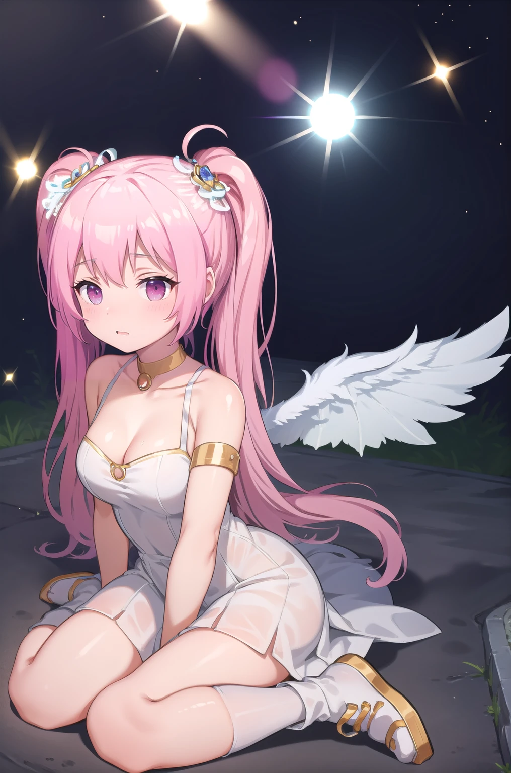 (masterpiece), best quality, 1girl, solo, angelic buster, long hair, twintails, pink hair, wings, sitting, wariza, park, from above, lens flare, bloom, wedding dress, Wearing a dog collar 