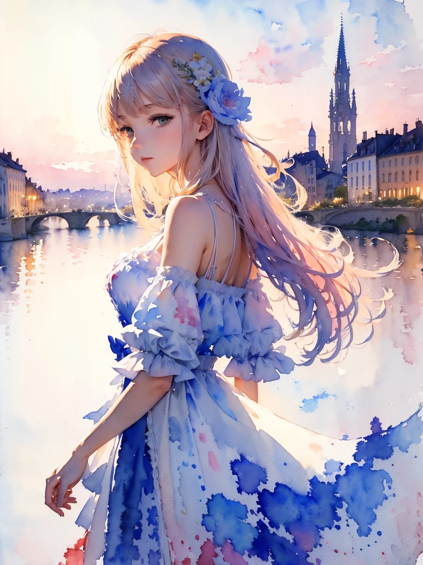 (masterpiece:1.2, Highest quality),(Very detailed),(((watercolor))),8K,wallpaper,Landscape of France,Bordeaux, the port of the moon
