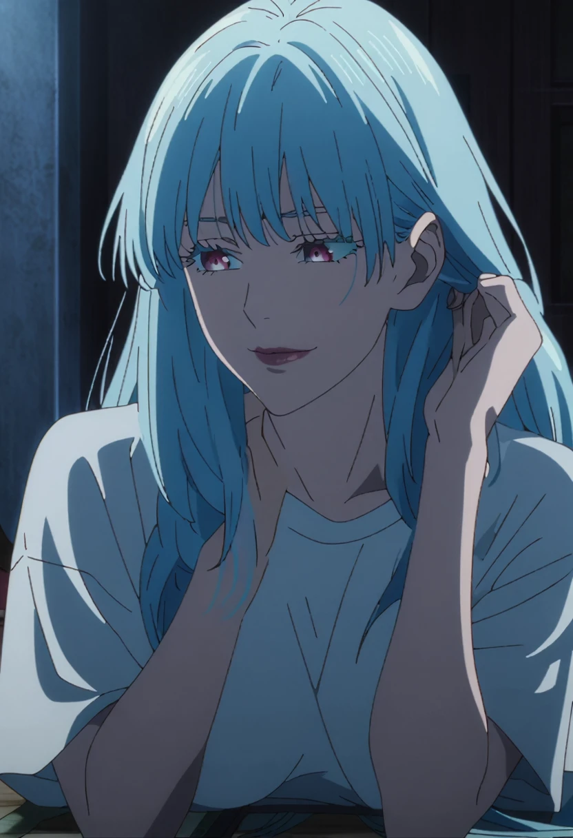 1girl, female gojo satoru, anime screencap from jujutsu kaisen, gojo satoru female version, solo, long_hair, Blue eyes ((Blue_hair)), night view, breasts, upper_body, smile, indoors, book, bangs, red_eyes, lips, (bangs) ((wearing oversized t shirt)) breast, "very detailed and high resolution" (Blue eyes) ((one hands tucking her behind her ear hair and other lying down)) ((long hair)) ((solo)) (front view)