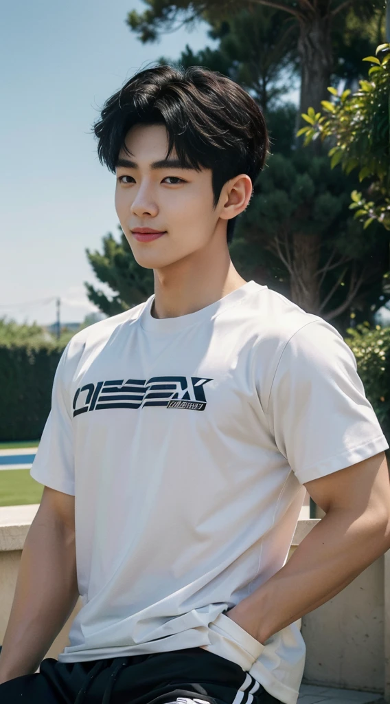 (As a matter of fact, Masterpiece, 8k HD, good light quality, sportswear, fit the face, complicated details), A handsome, muscular young Korean man. , 20 years old, be happy, smile brightly, detailed face, delicate eyes, มองดูsky, Wear casual clothes, period, black eyes, Black hair color, ผมsmooth, smooth, outdoor sports, Along the garden, Sunny,sky,Surreal,Awesome details,Highest quality,real,