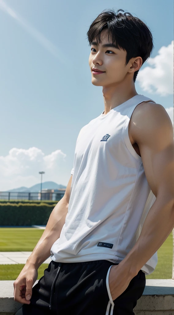 (As a matter of fact, Masterpiece, 8k HD, good light quality, sportswear, fit the face, complicated details), A handsome, muscular young Korean man. , 20 years old, be happy, smile brightly, detailed face, delicate eyes, มองดูsky, Wear casual clothes, period, black eyes, Black hair color, ผมsmooth, smooth, outdoor sports, Along the garden, Sunny,sky,Surreal,Awesome details,Highest quality,real,
