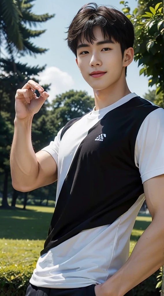 (As a matter of fact, Masterpiece, 8k HD, good light quality, sportswear, fit the face, complicated details), A handsome, muscular young Korean man. , 20 years old, be happy, smile brightly, detailed face, delicate eyes, มองดูsky, Wear casual clothes, period, black eyes, Black hair color, ผมsmooth, smooth, outdoor sports, Along the garden, Sunny,sky，Surreal，Awesome details，Highest quality，real，