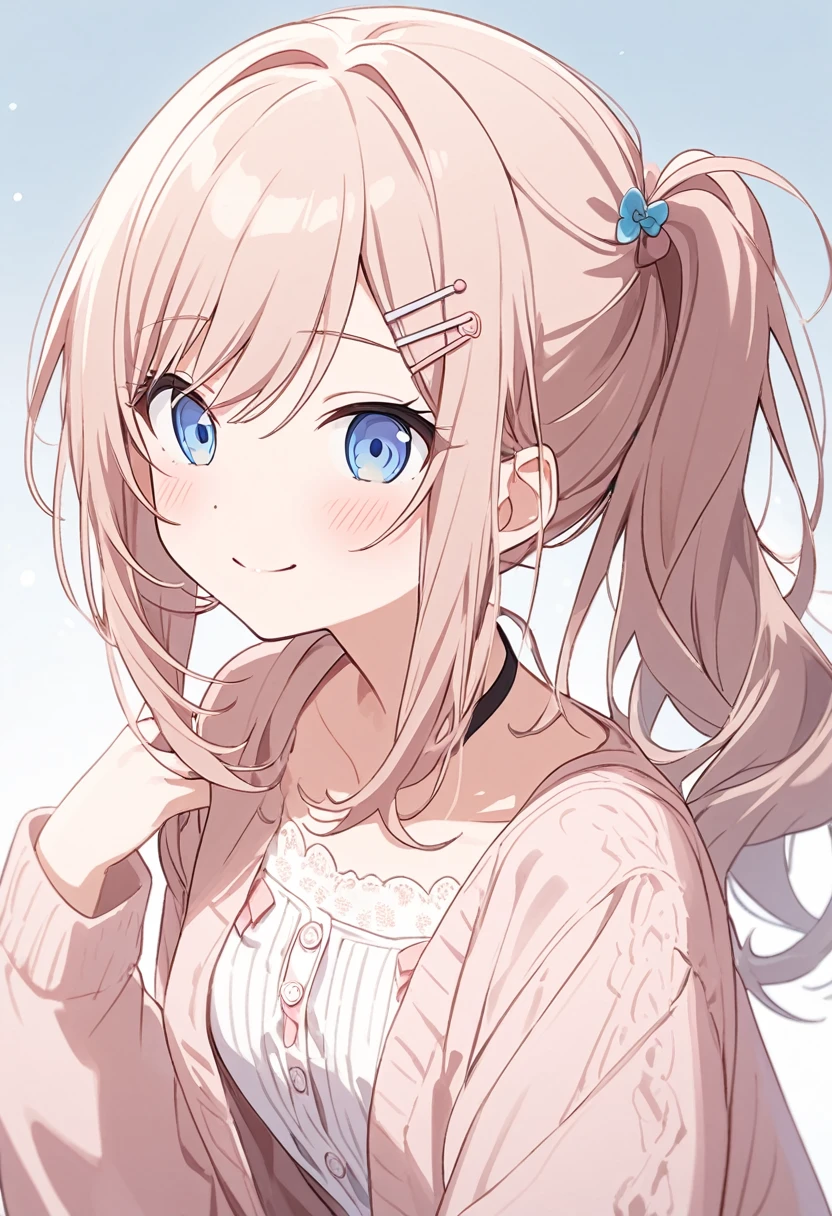 Generate an image of Honami Mochizuki from Project Sekai. She is a high school student with long, straight hair in a pink milk beige color. Her hair is styled in a loose side ponytail positioned low on the right side of her head, with a slight curl. Often, her ponytail is adorned with a simple hair clip or accessory. She has big, gentle blue eyes and a warm, friendly expression.