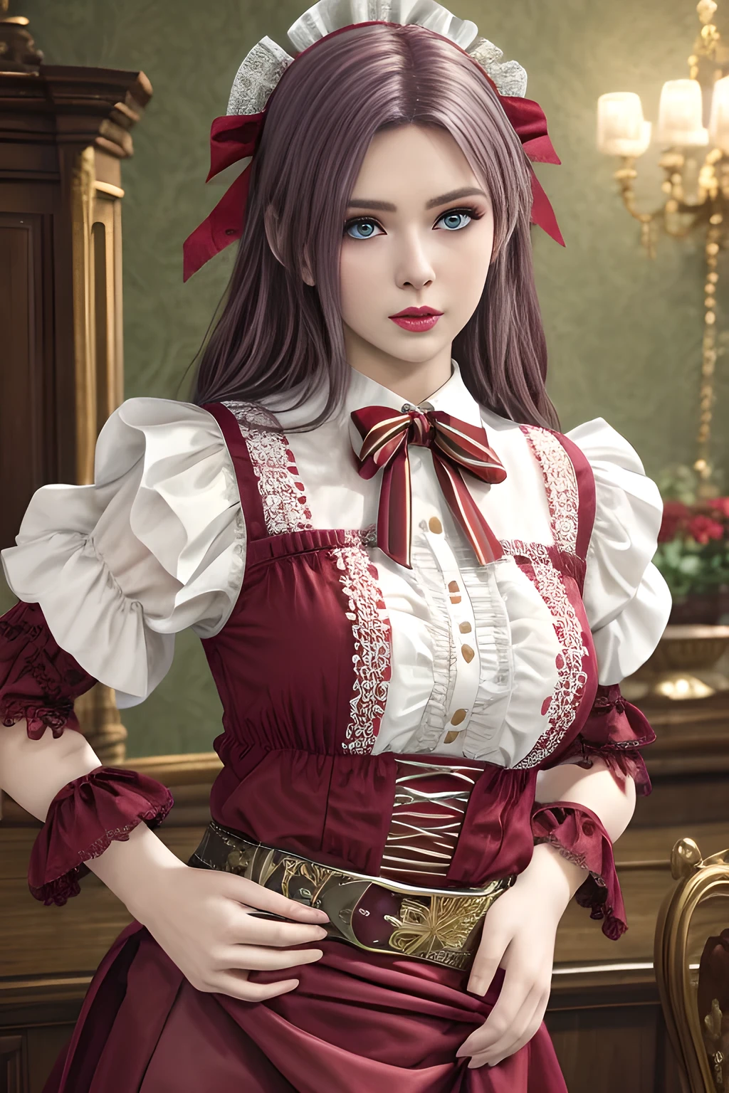 1girl,wearing a traditional-style outfit with a rich historical and folk-inspired aesthetic. Her white blouse features ruffled details and intricate embroidery, with red and white striped sleeves and ribbon embellishments on the upper arms. The red skirt is adorned with pleats and lace trims, and a brown belt with floral decorations and tassels wraps around her waist, adding a touch of authenticity to the look. The overall outfit exudes a sense of timeless charm and cultural heritage, ,beautiful detailed eyes, beautiful detailed lips, extremely detailed eyes and face, long eyelashes, (best quality,4k,8k,highres,masterpiece:1.2), ultra-detailed, (realistic,photorealistic,photo-realistic:1.37), sharp focus, vivid colors, HDR, studio lighting, physically-based rendering,elise