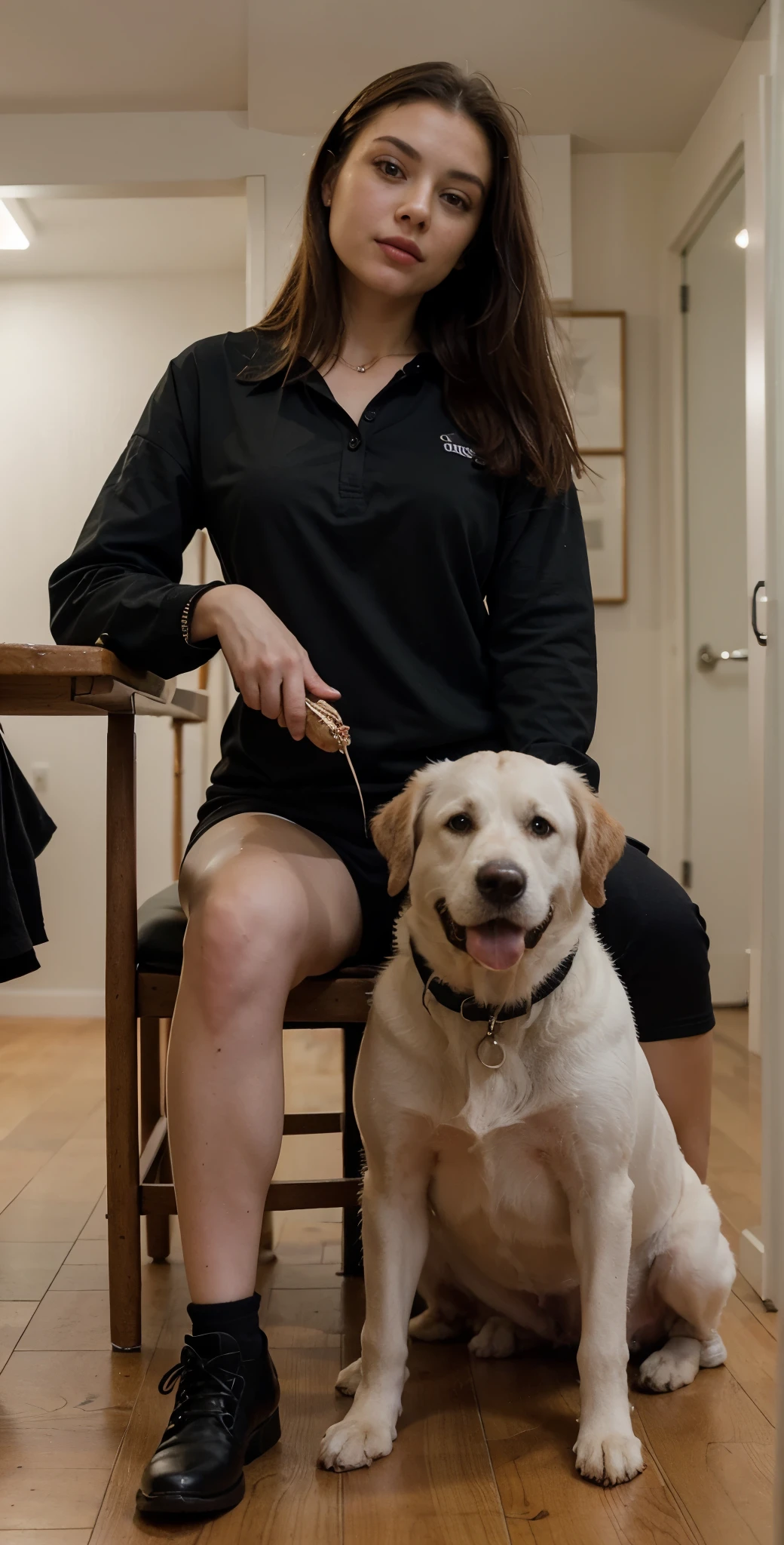 ((best quality)), ((masterpiece)), (detailed), perfect face, (((a dominant woman feeding her dog))), ((black clothes)), full body, detailed eyes
