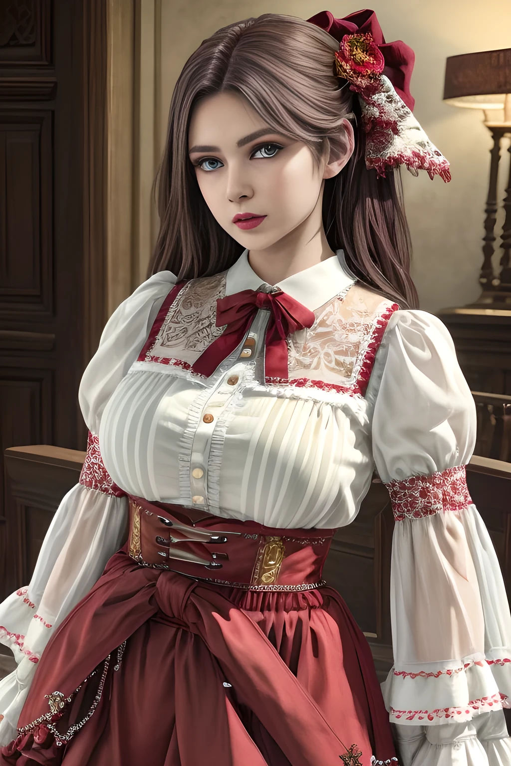 1girl,wearing a traditional-style outfit with a rich historical and folk-inspired aesthetic. Her white blouse features ruffled details and intricate embroidery, with red and white striped sleeves and ribbon embellishments on the upper arms. The red skirt is adorned with pleats and lace trims, and a brown belt with floral decorations and tassels wraps around her waist, adding a touch of authenticity to the look. The overall outfit exudes a sense of timeless charm and cultural heritage, ,beautiful detailed eyes, beautiful detailed lips, extremely detailed eyes and face, long eyelashes, (best quality,4k,8k,highres,masterpiece:1.2), ultra-detailed, (realistic,photorealistic,photo-realistic:1.37), sharp focus, vivid colors, HDR, studio lighting, physically-based rendering,elise