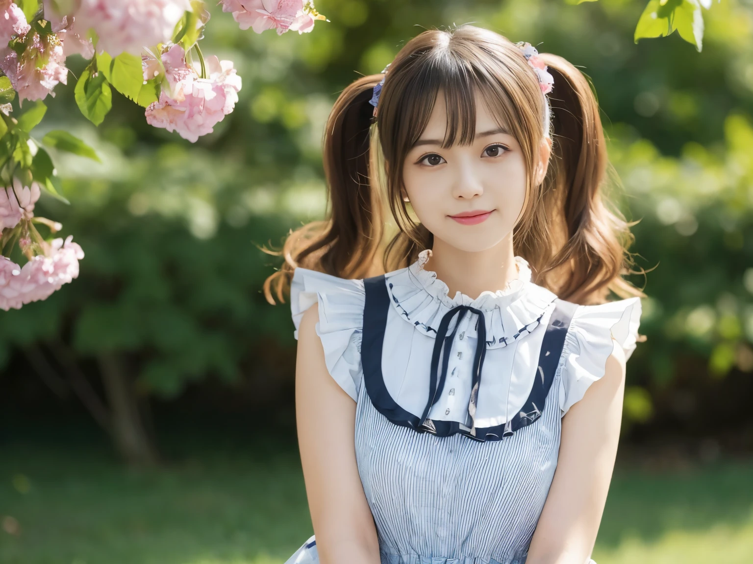 adorable, 26 years old, japanese girl, (Frilled summer dress fluttering in the wind :1.4), curly hair, hair scrunchie, twin tails, (Suggestive:1.2), (smile:0.8), (highly detailed eyes:1), (highest quality:1.0), (Super high resolution:1.0) ,(photo-realistic:1), (super detailed:1.0), (8K RAW photo:1.1),looking at the viewer, , ( wind lift:1), leaning forward