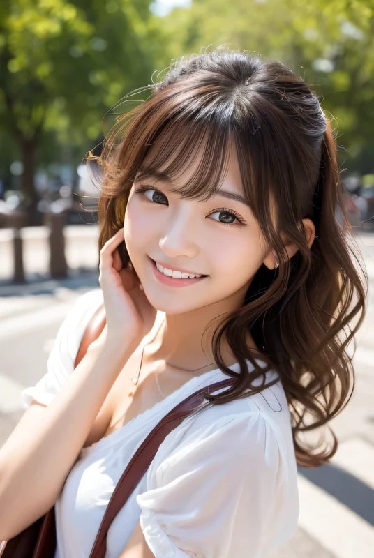 Produce the highest quality and highest resolution 8K images。The model is a 20-year-old Japanese woman.。The image depicts a person smiling at the camera and taking a commemorative photo at a tourist spot.。Draw the whole body of the model。She has brown eyes and a model figure.、She has an idol-level cute face.。The hair is curly。Skin has a healthy color。What to wear、She's wearing a T-shirt and a skirt。