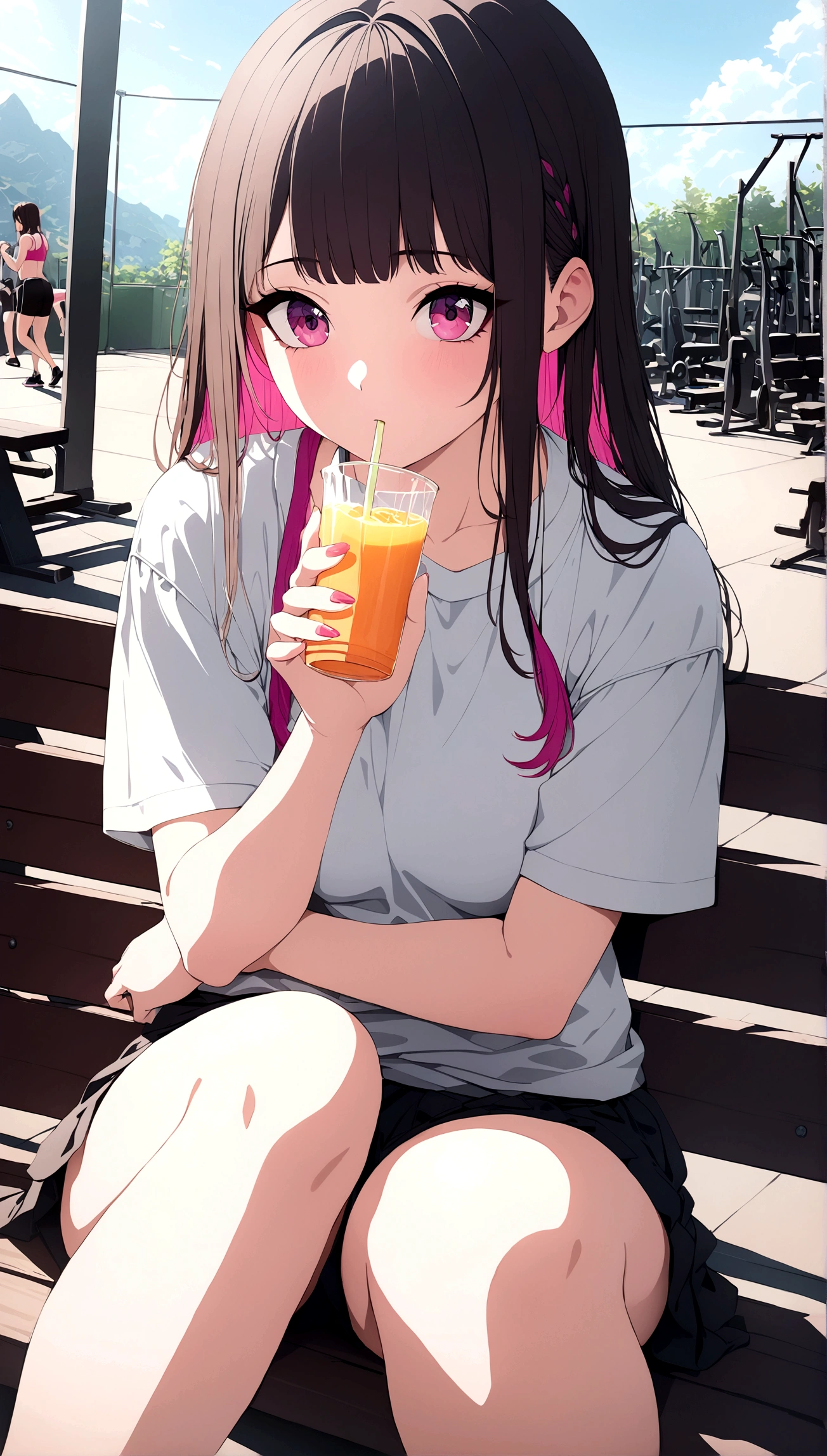 8K portrait of a beautiful young woman in a J-POP style, sitting on a bench at the gym and drinking juice, extremely detailed, high quality, ultra-high resolution, photorealistic, masterpiece, cinematic composition, trending on ArtStation