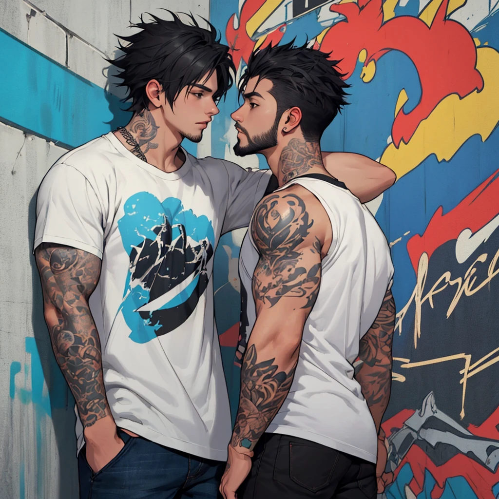 ((Best Quality)) ((HD quality)), ((Masterpiece)), (detailed), ((without errors)), ((no duplicate limbs))
Create a Korean man who was a K-pop singer, Now he is a rapper living in Argentina, He is short with a slim build, sweet and clean face, black eyes, with smooth, whitish skin although her fine arms are covered with tattoos.It has a more urban and comfortable style, wearing black jeans and an Argentine national team t-shirt. His black hair is disheveled but stylish.. he is on tiptoe kissing with her boyfriend, an argentine man, who is a vocalist and guitarist of a Metal band, He is tall and muscular, with a well-groomed beard and short punk-style hair. He has visible tattoos on his arms. His clothing is punk style, wearing a tank top that shows his muscles and tattoos.
Her boyfriend is grabbing her butt