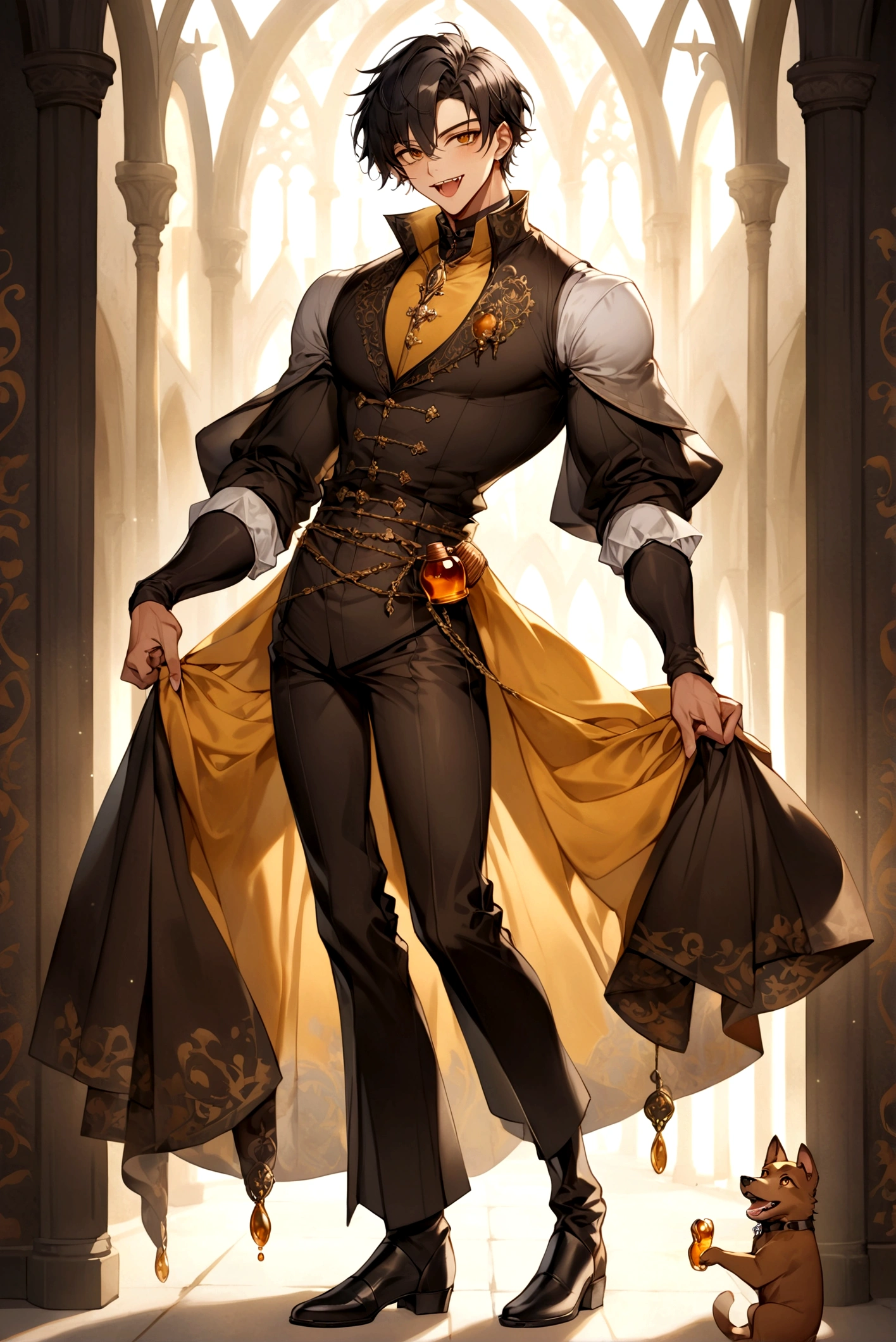 an attractive man with honey-colored eyes, looking 20 years old, BROWN SKIN, canine teeth with prominent fangs, elegantly cut short black hair, Medium build and tall with defined muscles, and wearing medieval renaissance gothic clothes (full body image) friendly and flirtatious expression