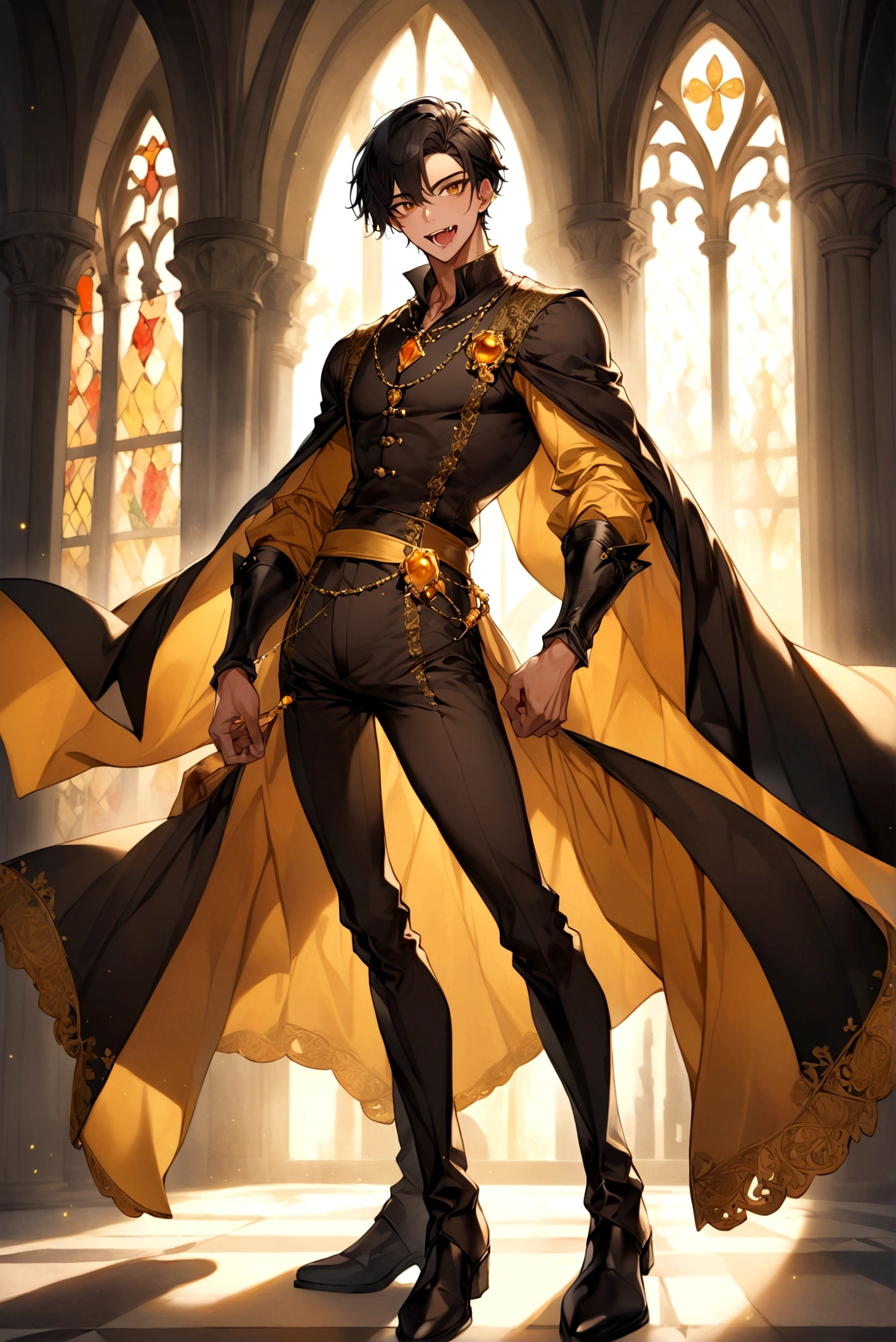 an attractive man with honey-colored eyes, looking 20 years old, BROWN SKIN, canine teeth with prominent fangs, elegantly cut short black hair, Medium build and tall with defined muscles, and wearing medieval renaissance gothic clothes (full body image) friendly and flirtatious expression