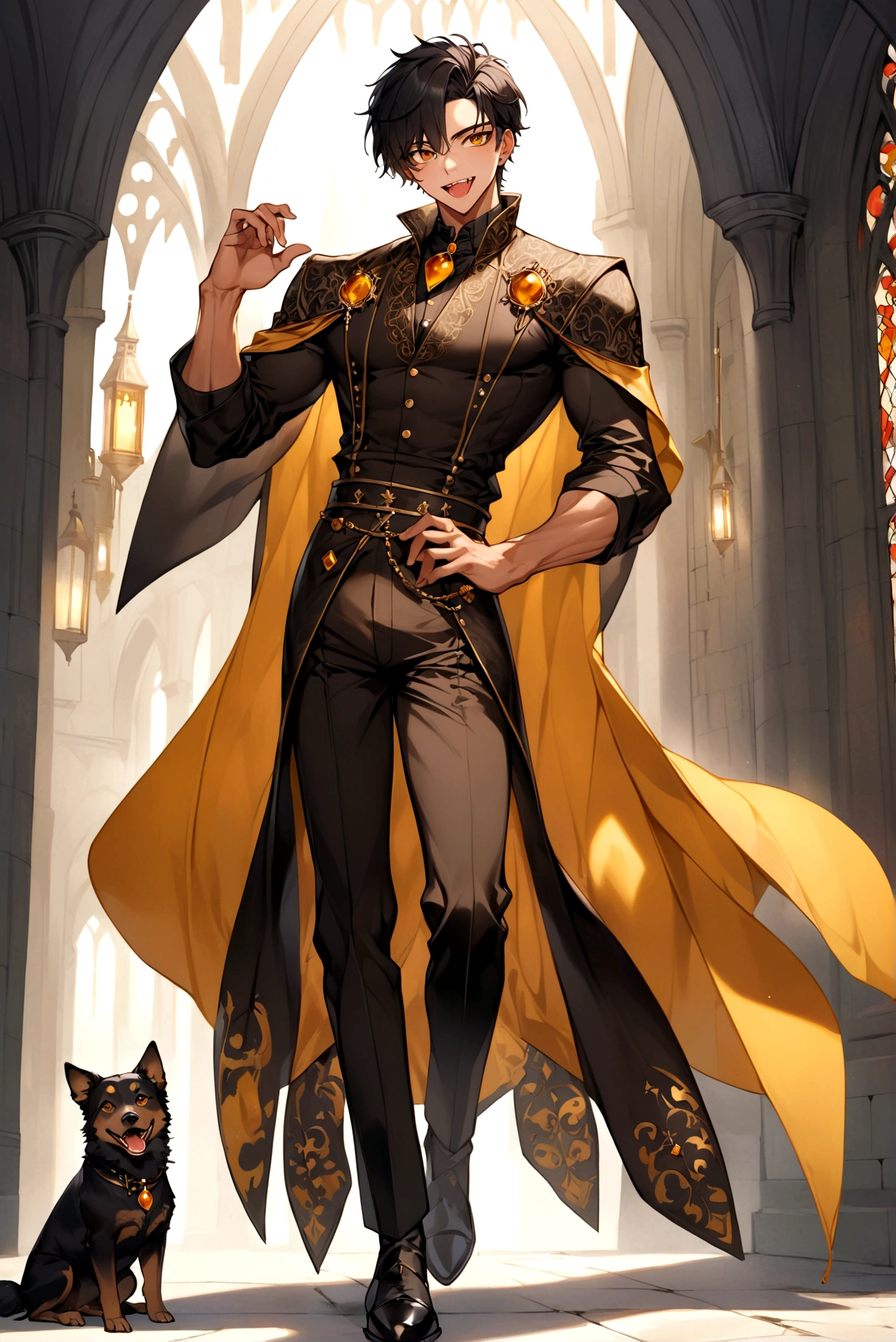 an attractive man with honey-colored eyes, looking 20 years old, BROWN SKIN, canine teeth with prominent fangs, elegantly cut short black hair, Medium build and tall with defined muscles, and wearing medieval renaissance gothic clothes (full body image) friendly and flirtatious expression