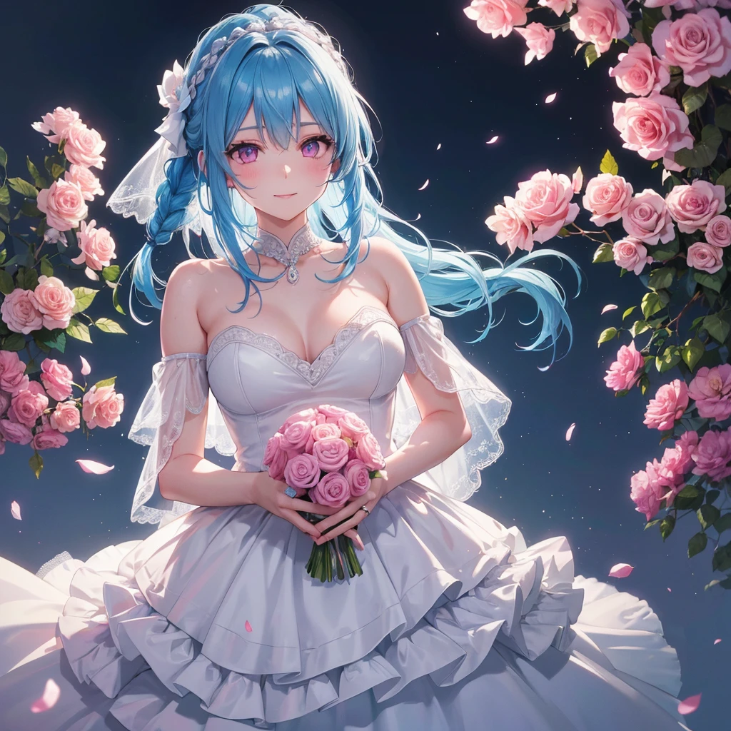Sky blue hair, (Braided Ponytail),(Pink Eyes),Fair skin ,(whole body),(One girl),bride,A big smile,Straight bangs, 6月のbride,Wedding dress,(masterpiece, Highest quality, Very detailed, Best Shadow), (Detailed Background), (Beautifully detailed face), High Contrast, (Best lighting, Very delicate and beautiful), ((Cinematic Light)), colorful, Hyper Detail, Dramatic Light, Intricate details,Chapel background,Bouquet of roses,Ring on left ring finger