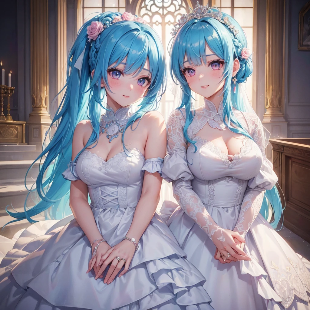 Sky blue hair, (Braided Ponytail),(Pink Eyes),Fair skin ,(whole body),(One girl),bride,A big smile,Straight bangs, 6月のbride,Wedding dress,(masterpiece, Highest quality, Very detailed, Best Shadow), (Detailed Background), (Beautifully detailed face), High Contrast, (Best lighting, Very delicate and beautiful), ((Cinematic Light)), colorful, Hyper Detail, Dramatic Light, Intricate details,Chapel background,Bouquet of roses,Ring on left ring finger