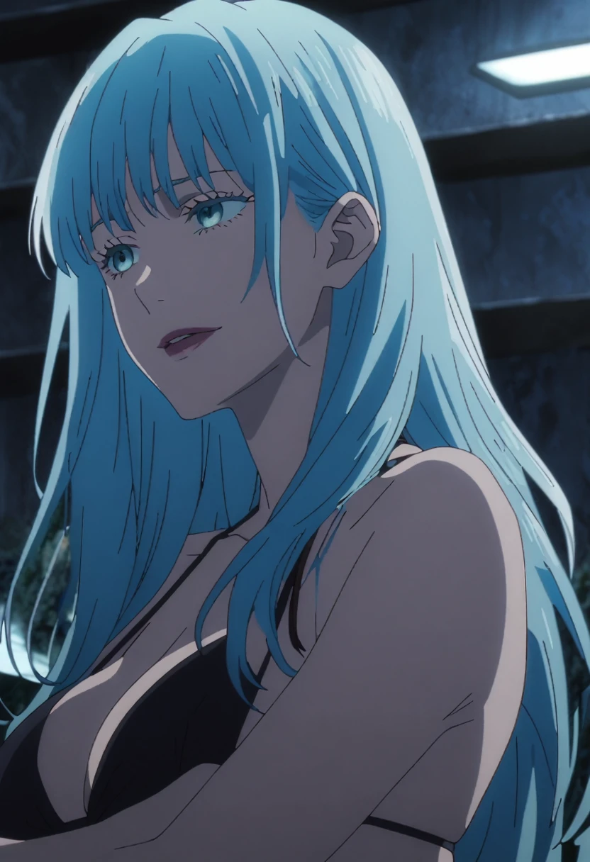 1girl, female gojo satoru, anime screencap from jujutsu kaisen, gojo satoru female version, solo, long_hair, Blue eyes ((Blue_hair)), night view, breasts, upper_body, smile, indoors, book, bangs, red_eyes, lips, (bangs) ((wearing bikini)) breast, "very detailed and high resolution" (Blue eyes) (cross arms)  ((long hair)) ((solo)) (front view)