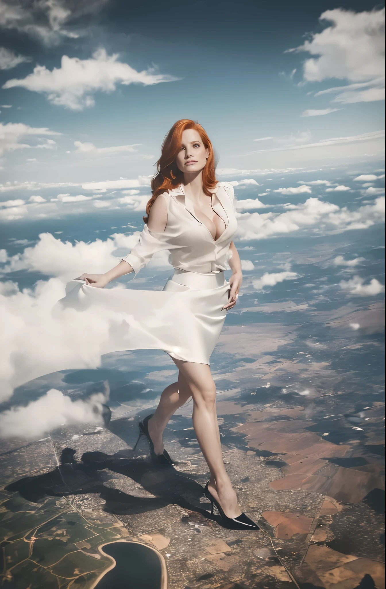 ((Jessica Chastain)), (masterpiece, best quality, best shadows, best shading, perfect hands, perfect face, cinematic lighting, colorful, ultra-detailed, beautiful photography, character focus, extremely-detailed, photorealistic, hyper photorealism, atmospheric), (rural destruction:1.7), (dirty, filthy, unwashed, sweaty, unkempt, angry, tired, exhausted, annoyed), ((walking, mid stride:1.2, stepping down on:1.2, stomping, crush, rampage)), (black patent Louboutin pointed toe pumps, high heels, stiletto heels), ((revealing crisp white blouse, short black pencil skirt)), (high altitude photography, satellite view), (curvy, exposed cleavage, heaving bosom, legs), (urban sprawl, farmland and small towns, destruction, buildings, roads), (((cloudy, overcast, clouds and atmosphere partly obscuring the subject:1.2, hazy atmosphere, haze in foreground, wispy clouds)))