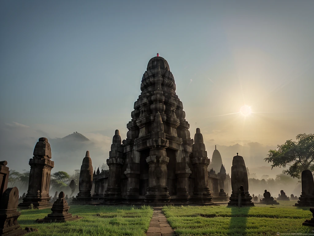 a picture of unfinished temple in the morning at sunrise (prambanan), good lighting, good quality, good texture, mist, myth vibe, 4k