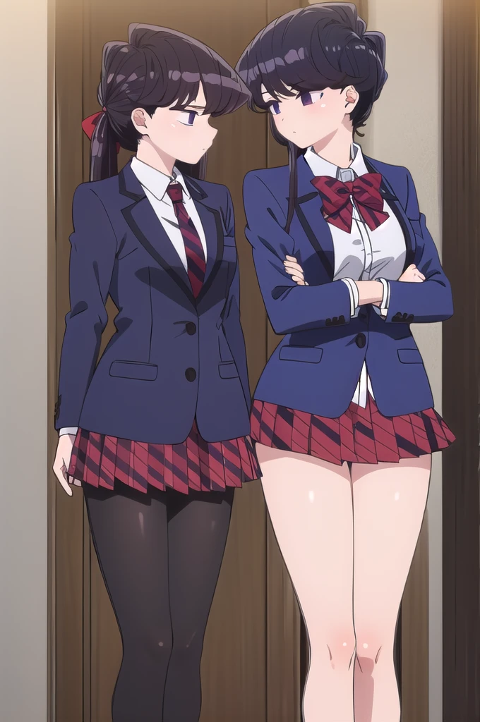 ShokoKomidef, purple hair, purple eyes, wide, 2 girls, standing, arms, shackles, Upper part of the body, , Red skirt, red bow, blazer,
Masterpiece, Best Quality, clone, clonee, twin, Multiple Girls, kiss, kiss