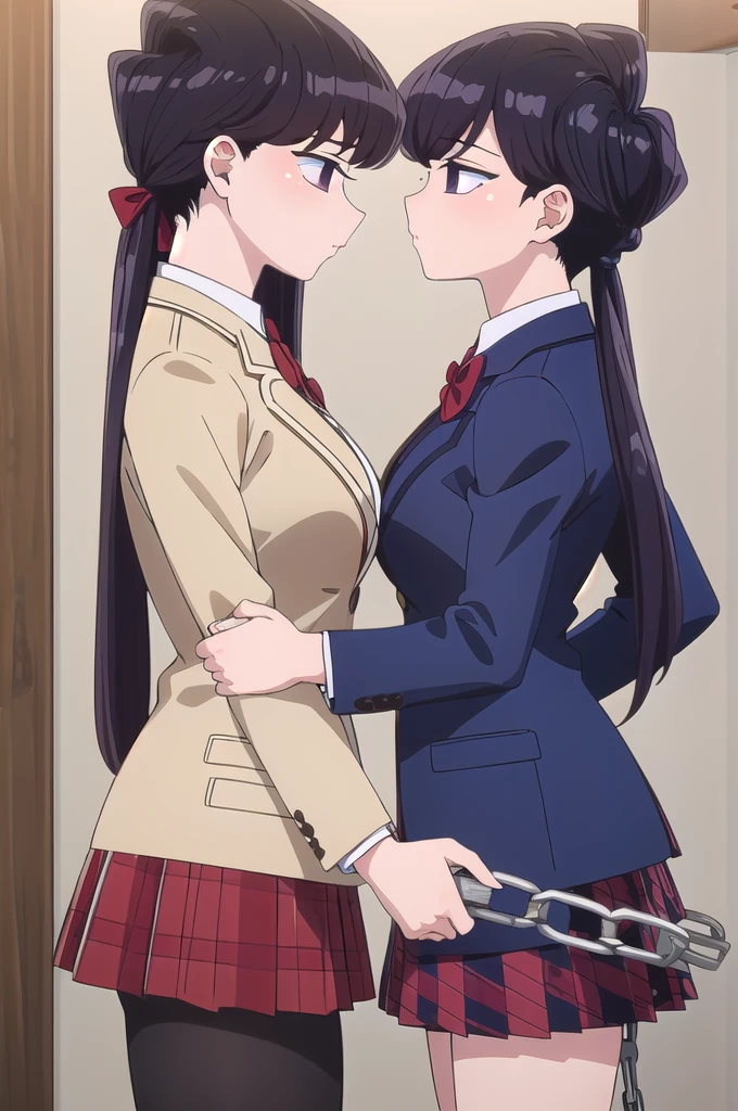 ShokoKomidef, purple hair, purple eyes, wide, 2 girls, standing, arms, shackles, Upper part of the body, , Red skirt, red bow, blazer,
Masterpiece, Best Quality, clone, clonee, twin, Multiple Girls, kiss, kiss