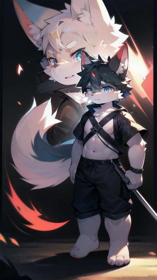 White Wolf,black hair,Sky blue eyes,hairy,Wolf ears,Wolf tail,Full body portrait,The character is in the center of the frame,Handsome,Confident eyes,male,juvenile,Black and white combat uniform,Red neck bib,Black shorts,Short sleeve,hairy arms and legs,Dark background,Dark battlefield,dawn,sunrise,dawn,illumination,shadow,Swordsman,Scabbard and sword,Hold the hilt of a sword in your hand,The scabbard is at the waist,Highest quality