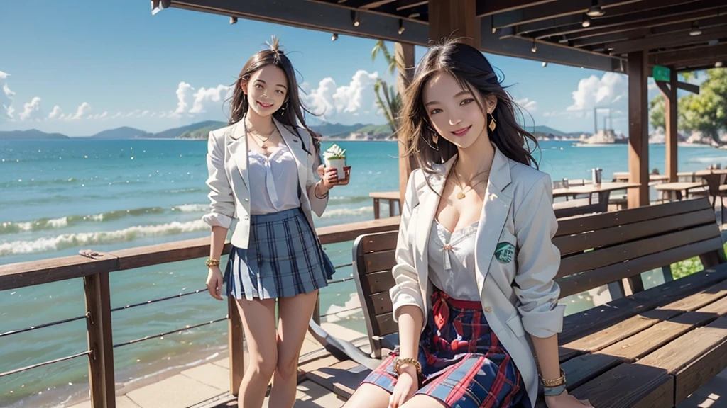 8K、RAW Photos、Highest quality、Super detailed、Super Resolution、Ultra HD、8K壁紙、Amazing details blazer uniform girl ((White blouse with formal collar, Blue Blazer,
Red Check Skirt, Red checkered ribbon on blouse)), Complete limbs, Full Finger,
(((((Starbucks)))))、((((Cafe bench with sea view))))((16 year old female student))、(((((Eat cake、Drink coffee、smile)))))、(((Heart Necklace、Gold bracelet)))
(((Emphasize cleavage)))
((((Full body photo、The whole body is visible、Full body portrait))))