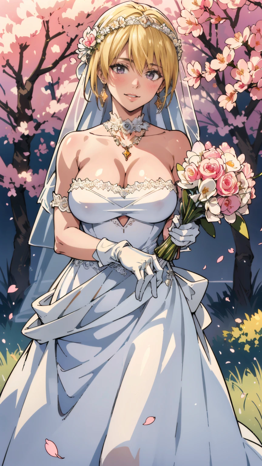 (masterpiece:1.2, highest quality, ultra high resolution, super detailed), (realistic, photorealistic:1.4), beautiful illustrations, (natural side lighting, movie lighting), Depth of the bounds written,
looking at the viewer, bust photo, 1 girl, , perfect face, (perfect anatomy), Cute symmetrical face, baby face, shiny skin,
(blonde), hair between eyes, brown eyes, pink lips, long eyelash, (big breasts:1.3),
beautiful hair, beautiful face, detailed and beautiful eyes, beautiful clavicle, beautiful body, beautiful breasts, beautiful thighs, beautiful feet, beautiful fingers,
fine cloth texture, wedding princess dress, flower head, headdress, (bandeau wedding dress:1.5), (silk dress:1.2), (strapless wedding dress:1.5),
plain white dress, necklace, earrings, cleavage, bouquet, (lace gloves:1.2), (bridal veil:1.2),(Short transparent veil:1.2),
(beautiful scenery), evening, (flower garden, Cherry Blossom, outside the church) Are standing, (Smile, blush),