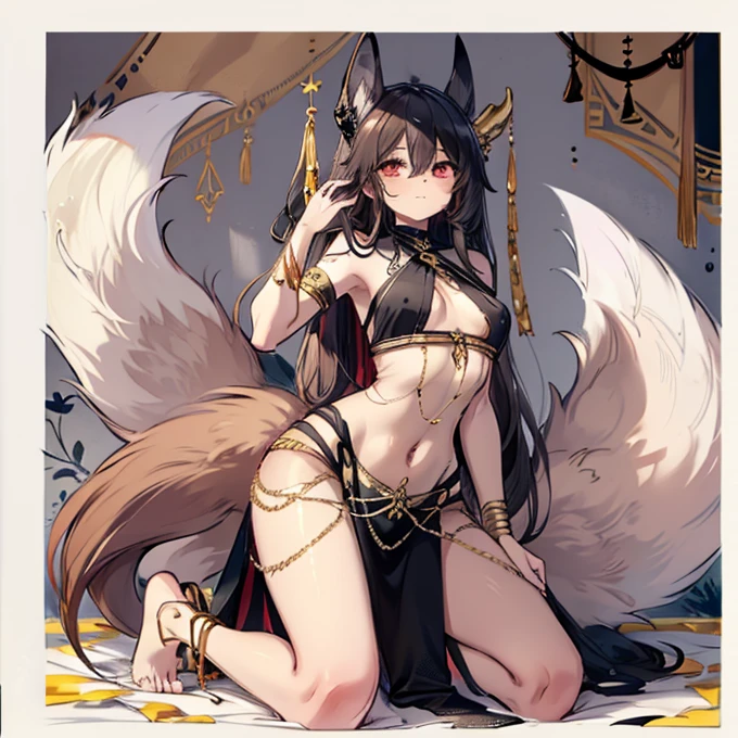 24 year old girl, scantily clad, clothes with gold details, egyptian, orejas de Anubis, Red eyes, looking at the viewer, with arms raised, BROWN SKIN, Fox tail, high definition in detail, very long hair, cabello colpe rojo, desert bottom, incada, whole body, slanted eyes, sexy, semi dressed, golden tattoos, navel earring, Anubis