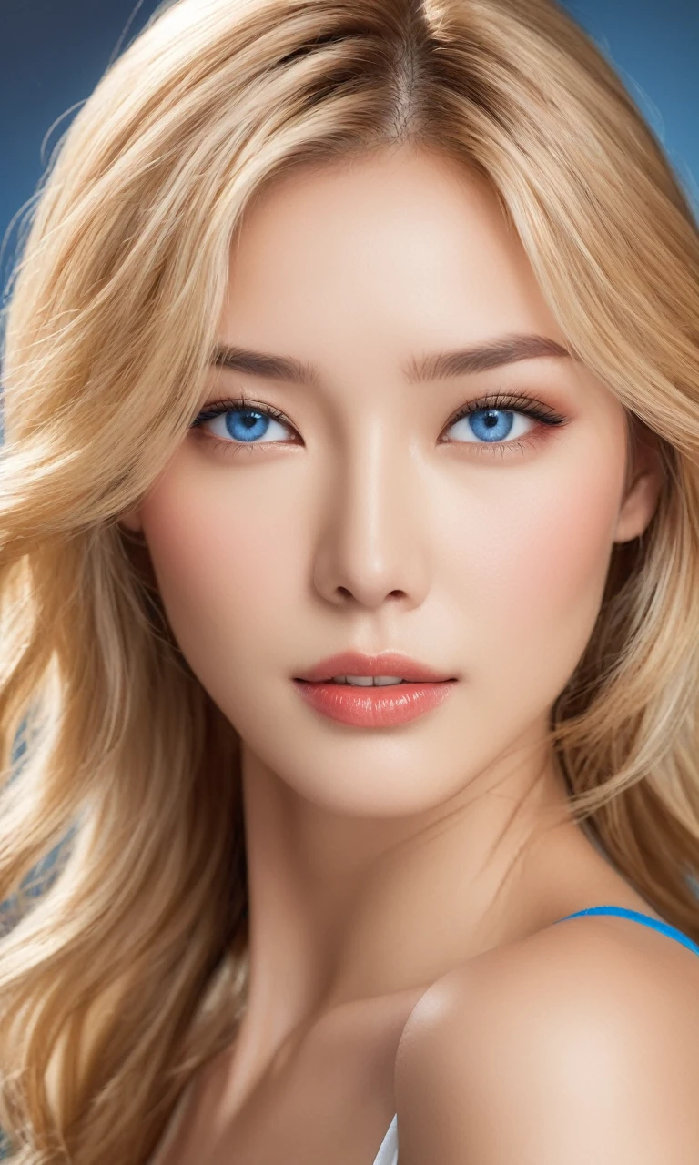 Bust-up portrait of a beautiful woman with the following characteristics:
- Long, straight, light blonde hair - Big, expressive blue eyes with natural make-up、Highlighted with eyeliner and mascara - high cheekbones and straight nose、Three-dimensional, exotic features- Healthy, bronzed skin- Stylish suit- Cool, calm expression- No Asian features(masterpiece:1.2, Highest quality), (Live Action, Intricate details),