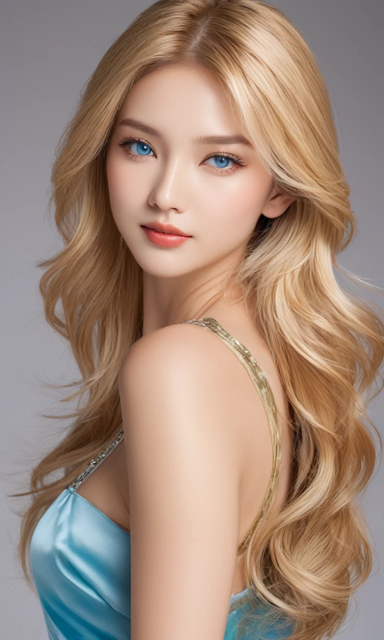 Bust-up portrait of a beautiful woman with the following characteristics:
- Long, straight, light blonde hair - Big, expressive blue eyes with natural make-up、Highlighted with eyeliner and mascara - high cheekbones and straight nose、Three-dimensional, exotic features- Healthy, bronzed skin- Stylish suit- Cool, calm expression- No Asian features(masterpiece:1.2, Highest quality), (Live Action, Intricate details), 